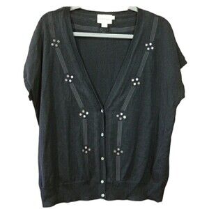 Pure DKNY Black Mirrored Short Sleeve Cardigan Linen Blend Medium